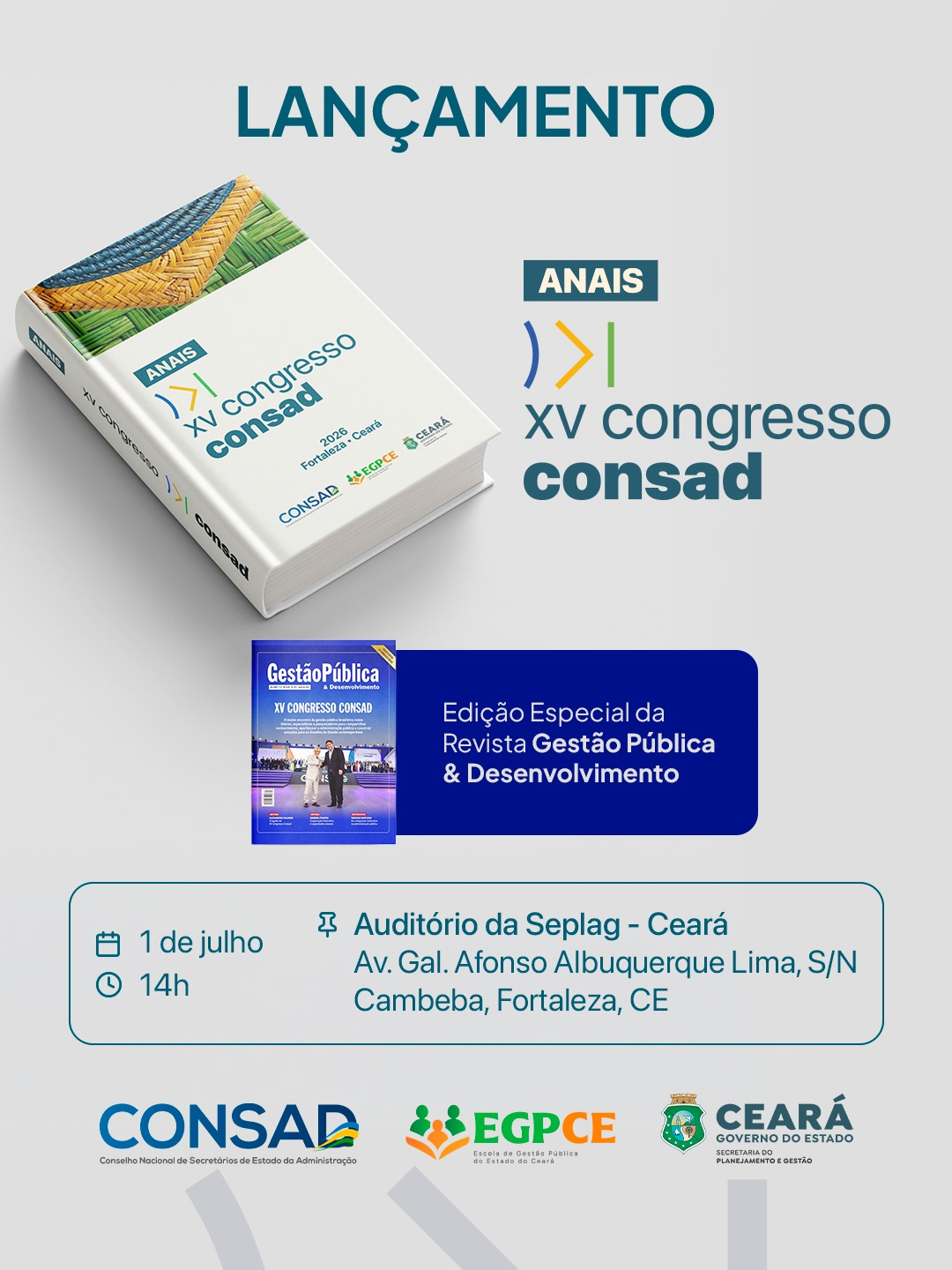 Cartaz oficial do lançamento dos Anais do XV Congresso CONSAD, com a imagem da capa do livro